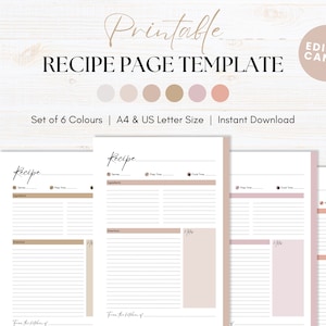 Plantilla de página de recetas imprimible, tarjeta de recetas editable de Canva, hoja de recetas en blanco, planificador de recetas escrito a mano, tamaño A4 y PDF de carta de EE. UU.