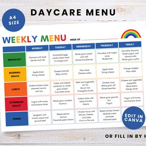 Daycare Weekly Menu Planner: Rainbow A4 Printable (Canva Template)