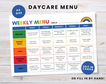 Daycare Weekly Menu for Daycare Weekly Meal Planner Printable Preschool Menu for Kids Editable Canva Template Home Daycare Menu Template A4
