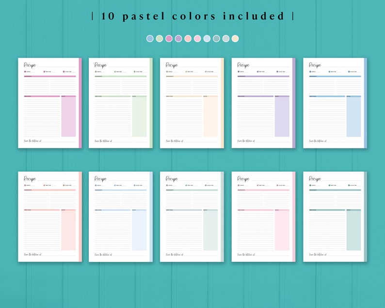 Puede incluir: Diez tarjetas de recetas imprimibles en diferentes colores pastel. Cada tarjeta tiene el t&iacute;tulo "Receta" y l&iacute;neas para escribir los ingredientes y las instrucciones.