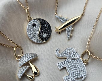 14k Gold Elephant Mushroom Necklace, Diamond Accent Pendant