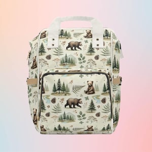 Bear Cub Woodland Diaper Backpack - Neutral Baby Boy Diaper Bag with Pockets, Forest Animal Print Mom Backpack