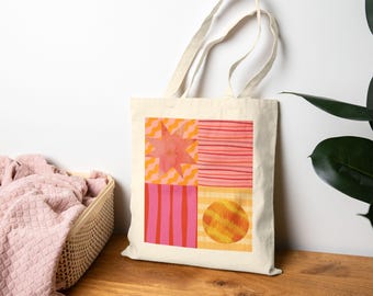 Pink and Orange Sun and Stripes Tote Bag | Summer Colorblock Canvas Tote