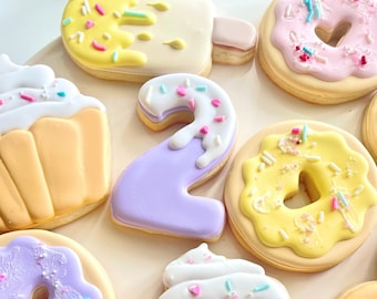 Ice cream, donut, cupcake birthday party, sugar cookies, first birthday, custom sugar cookies, party favors, sweet and dessert birthday