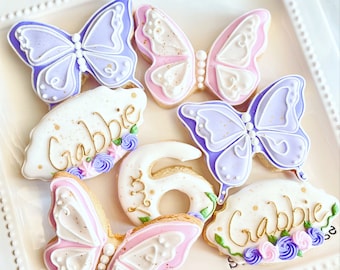 Butterfly decorated sugar cookies, party favors for kids, butterfly birthday party, personalized cookies for birthdays, custom sugar cookies