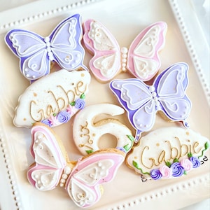 Butterfly decorated sugar cookies, party favors for kids, butterfly birthday party, personalized cookies for birthdays, custom sugar cookies