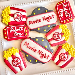 Movie Night theme sugar cookies, movie night party, movie night snacks, personalized sugar cookies gift, movie ticket sugar icing cookies