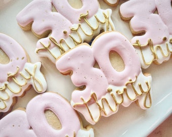 30th birthday sugar cookies, birthday cookies, hello thirty, thirty flirty cookies, rip 20s, milestone, decorated cookies,