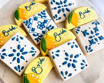 Lemon Blue tile sugar cookies, Lemon Bridal Shower cookies , Italian Positano Bridal shower, Italian blue tiles, Mediterranean cookies