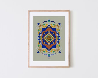 May include: A framed print of a colorful geometric design with a blue, orange, and green color scheme. The design is symmetrical and features a central square with a smaller square inside. The print is surrounded by a white border and a wooden frame.