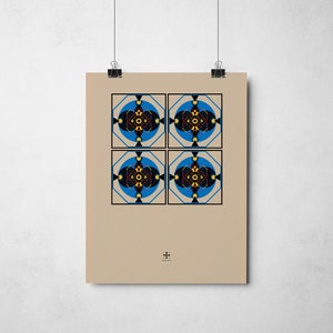 May include: A beige poster with four blue, black, yellow, and red geometric designs. Each design is a square with a circle in the center. The poster has a small black and white logo in the bottom center.