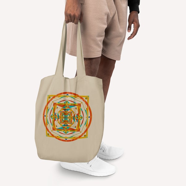 Econscious Tote Bag for Grocery walk with Mandal Art in Beige Cream color Canvas Bag with Organical Cotton and Enviromental friendly shopper