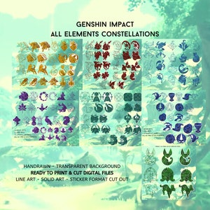 Genshin Impact SVG bundel ALLE ELEMENTEN sterrenbeelden | DIGITALE Genshin Impact gesneden bestanden png svg voor Cricut Silhouette