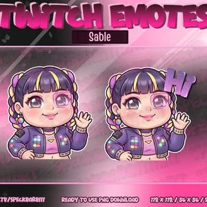 Könnte beinhalten: Digitale Twitch-Emotes mit einer Cartoon-Figur mit lila Haaren, Brille und einer lila Jacke. Ein Emote hat eine "Hi"-Sprechblase. Der Text "TWITCH EMOTES" und "Sable" stehen oben. Das Bild enthält auch den Text "TWITCH.TV/SPECKBARBII" und "READY TO USE PNG DOWNLOAD".