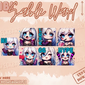 Könnte beinhalten: Ein Satz von acht digitalen Illustrationen mit einem Chibi-Charakter mit verschiedenen Ausdrücken und Text. Der Charakter hat weißes Haar, blaue Augen und trägt ein schwarzes und violettes Outfit. Der Text beinhaltet "Hi", "Lurk", "GG", "Hype" und "Sable Ward".