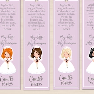 May include: Five purple bookmarks with a white border and a white illustration of a girl in a white dress and veil. The bookmarks have the text "Angel of God, my guardian dear, to whom God's love commits me here, ever this day be at my side, to light and guard, to rule and guide. Amen" and "My First Holy Communion" with the name "Camille" and the date "03.01.25" at the bottom.