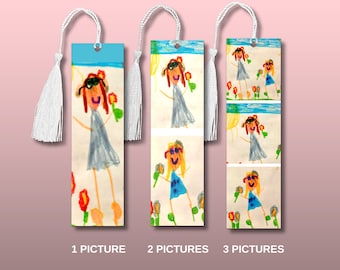 Personalized Child&#39;s Artwork Custom Metal Bookmark | 1-3 Hand-Drawn Pictures | Birthday, Teacher, Grandparent Christmas Gift Idea