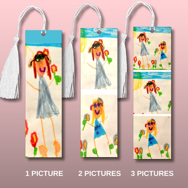 Personalized Child's Artwork Custom Metal Bookmark | 1-3 Hand-Drawn Pictures | Birthday, Teacher, Grandparent Christmas Gift Idea