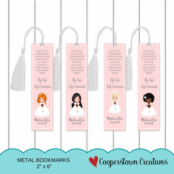 Personalized First Holy Communion Gift | 1st Communion Metal Pink Bookmark For Girl | Silk Tassle and Poly Sleeve |  Gift Idea