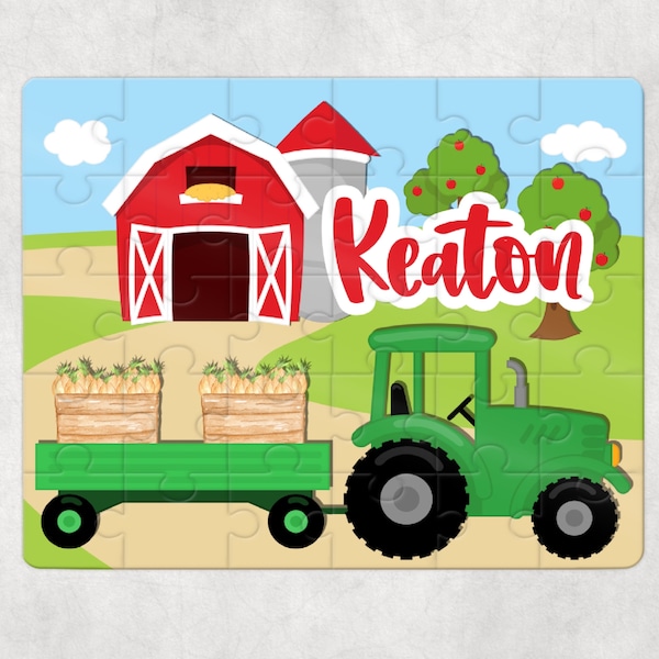Green Tractor & Wagon Farm Puzzle, Personalized Puzzle for Kids, Jigsaw Puzzle, Personalized Name Puzzle, Children Puzzles,  30 piece