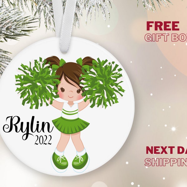 Cheerleader Poms Personalized Christmas Ornament 2022 | Pick a Green, Red, Pink, or Blue Uniform | Custom Keepsake | Brunette | Gift Boxed