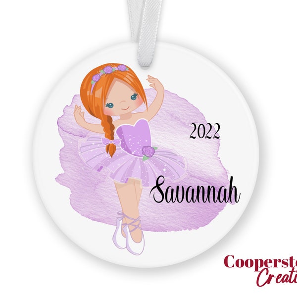 Personalized Ornament Ballerina | Custom Keepsake | Dated Ornament | Red Hair Girl | Redhead Ballerina in Purple Tutu | Gift Boxed