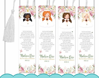 Personalized First Holy Communion Gift | 1st Communion Metal Floral Bookmark For Girl | Silk Tassle and Poly Sleeve |  Religous Gift Idea