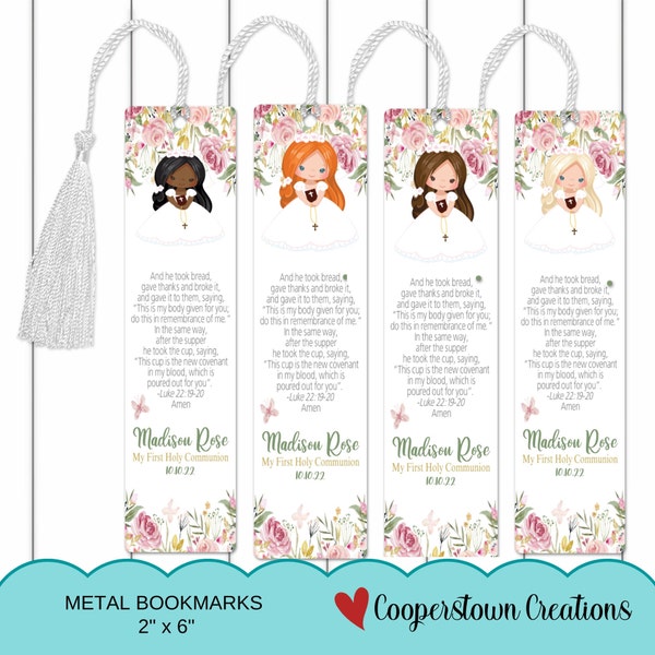 Personalized First Holy Communion Gift | 1st Communion Metal Floral Bookmark For Girl | Silk Tassle and Poly Sleeve |  Religous Gift Idea