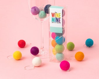 Rainbow Wine Charms, Felt Ball Wine Charms, Party Glass Markers, Set of 12, Hostess Gift, Wine Lover Accessory, Cocktail Party