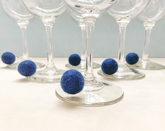 Navy Blue Wine Charm, Set of 6, Party Glass Marker, Ready to Ship, Cocktail Party Favor, Felt Ball Markers