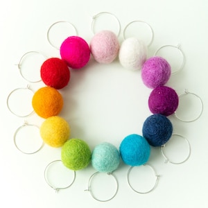 Rainbow Felt Ball Wine Charms, Party Glass Markers, Set of 12
