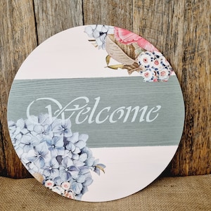 Welcome round shabby floral hand made wood wall sign plaque