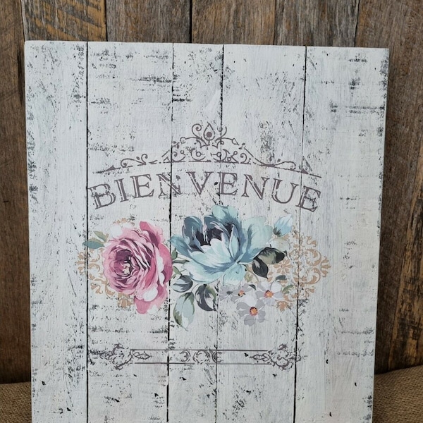 Hand made distressed wood shabby roses Bienvenue Welcome wall plaque sign