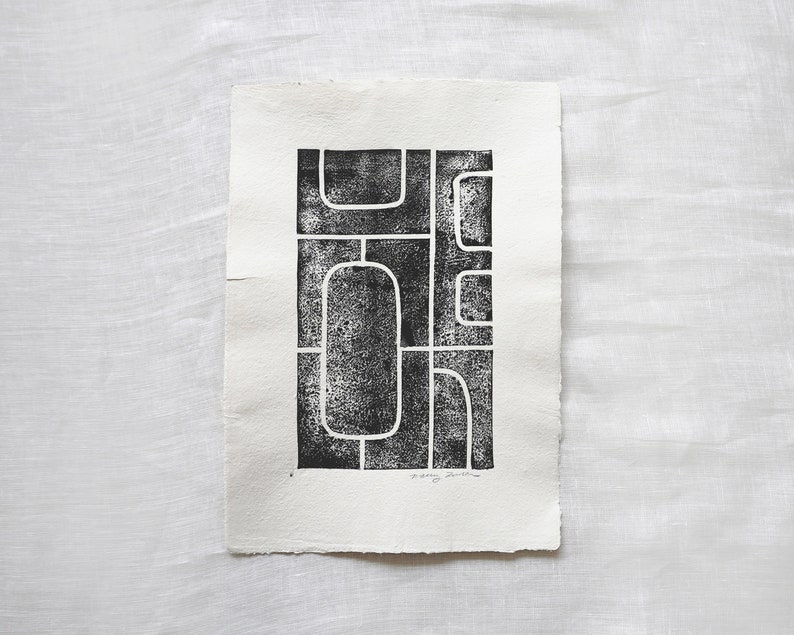 Block Print Block Print on Handmade Paper Abstract Block Print Abstract Wall Art Maze 8x11. image 1