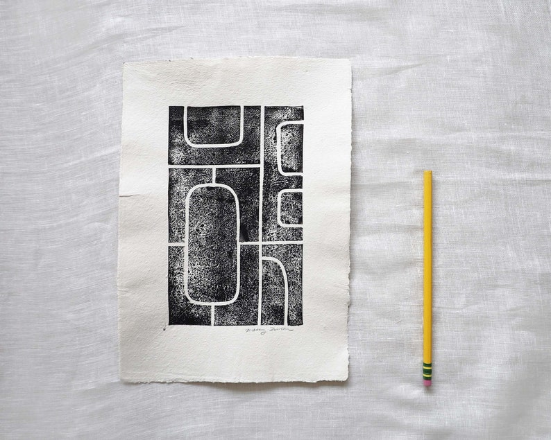 Block Print Block Print on Handmade Paper Abstract Block Print Abstract Wall Art Maze 8x11. image 4