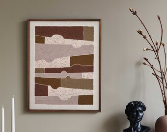 Earth Tones Textile Wall Art Abstract Wall Hanging Modern Framed Art Punch Needle Décor Warm Colors Fiber Artwork Mid Century Style