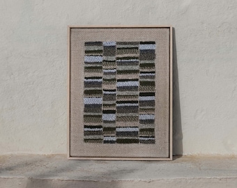 Striped Punch Needle Wall Art: Handwoven Fiber Artwork in Oak Frame