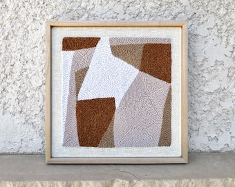 Geometric Punch Needle Art: Earth Tone Fiber Artwork in Maple Frame