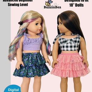 May include: Digital sewing pattern for a purple and white gingham top and a floral print skirt for 18 inch dolls. The pattern is for an advanced beginner sewing level. The text "Heather Top & Skirt" and "BuzzinBea" are visible in the image.