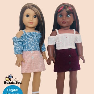 Op de afbeelding: Een digitaal naai-patroon voor een rok en een top voor een pop. Het patroon heet "Lilium Skirt & Top" en is verkrijgbaar bij BuzzinBea. De afbeelding toont twee poppen die de afgewerkte kledingstukken dragen. E&eacute;n pop draagt een roze rok en een blauwe bloemetjes top. De andere pop draagt een bordeauxrode rok en een witte top.