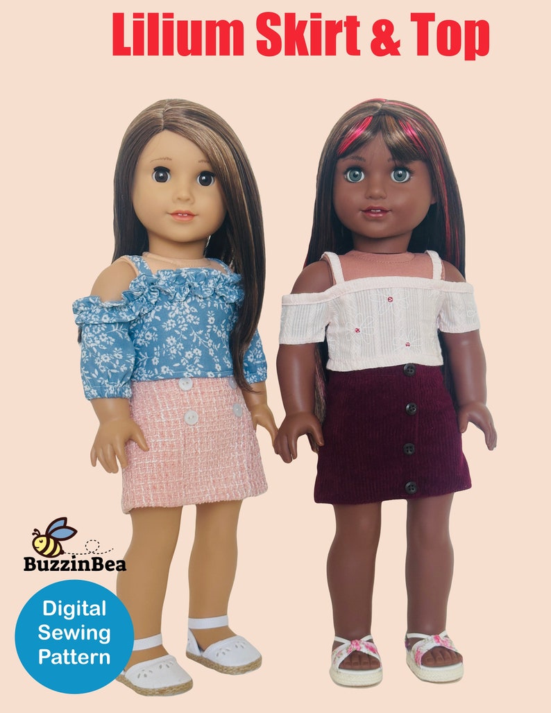 Op de afbeelding: Een digitaal naai-patroon voor een rok en een top voor een pop. Het patroon heet "Lilium Skirt & Top" en is verkrijgbaar bij BuzzinBea. De afbeelding toont twee poppen die de afgewerkte kledingstukken dragen. E&eacute;n pop draagt een roze rok en een blauwe bloemetjes top. De andere pop draagt een bordeauxrode rok en een witte top.