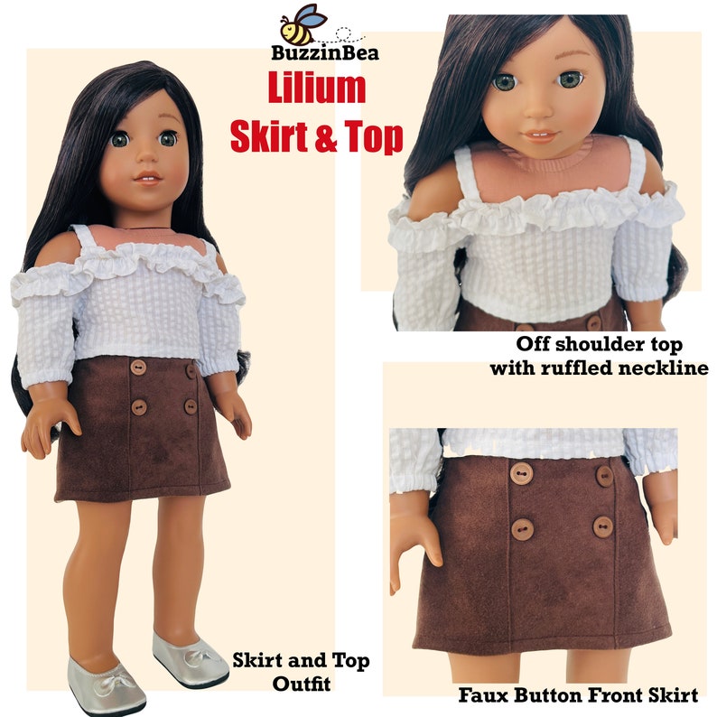 Op de afbeelding: Een bruine rok met nepknopen aan de voorkant en een wit off-shoulder topje met een gerimpelde halslijn. De outfit is voor een pop.