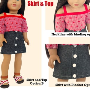 Op de afbeelding: Een rood-wit geblokt topje met blote schouders en een spijkerrok. De rok heeft een knoopsluiting en een witte knoop. De tekst "Skirt & Top" staat bovenaan de afbeelding. De tekst "Neckline with binding option" staat in de rechterbovenhoek van de afbeelding. De tekst "Skirt and Top Option B" staat in de linkerbenedenhoek van de afbeelding. De tekst "Skirt with Placket Option" staat in de rechterbenedenhoek van de afbeelding.