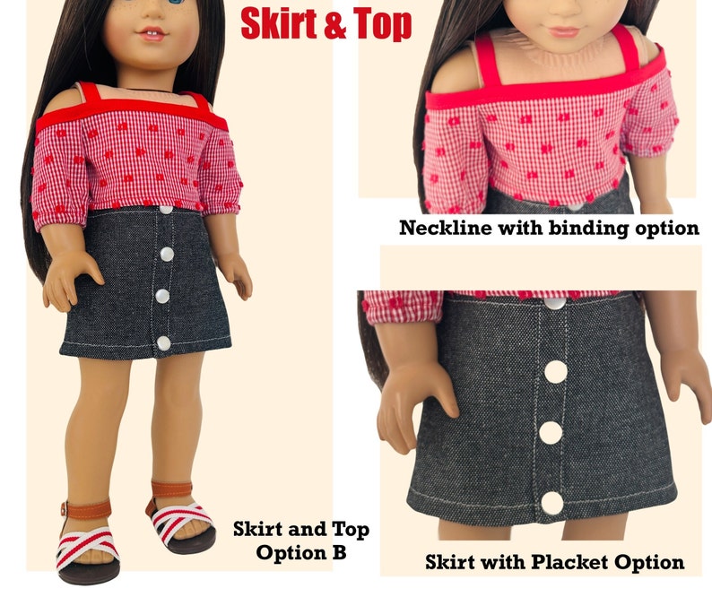 Op de afbeelding: Een rood-wit geblokt topje met blote schouders en een spijkerrok. De rok heeft een knoopsluiting en een witte knoop. De tekst "Skirt & Top" staat bovenaan de afbeelding. De tekst "Neckline with binding option" staat in de rechterbovenhoek van de afbeelding. De tekst "Skirt and Top Option B" staat in de linkerbenedenhoek van de afbeelding. De tekst "Skirt with Placket Option" staat in de rechterbenedenhoek van de afbeelding.
