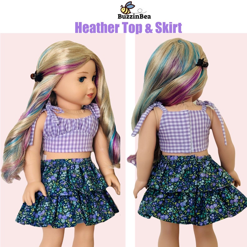 May include: A doll wearing a purple and white gingham crop top with a blue and green floral skirt. The doll has long, multi-colored hair and is wearing a black hair clip. The doll is standing on a pink background. The text "Heather Top & Skirt" is displayed above the doll.