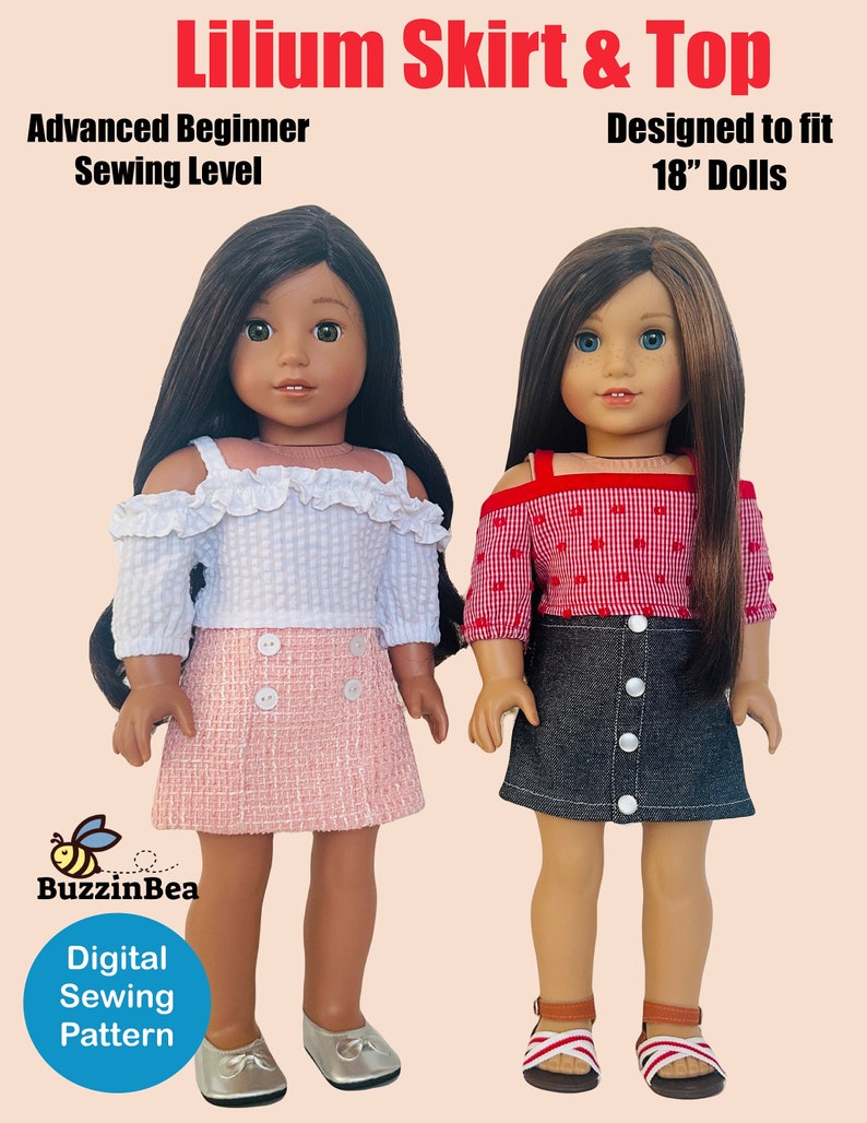 Op de afbeelding: Twee 45 cm poppen die een naai-patroon voor een rok en top dragen. De poppen dragen een roze en witte geruite rok en een wit gerimpeld topje, en een spijkerrok en een rood en wit geruit topje. Het patroon is voor een gevorderde beginner. De tekst "Lilium Skirt & Top" staat bovenaan de afbeelding. De tekst "Designed to fit 18" Dolls" staat rechtsboven in de afbeelding. De tekst "Advanced Beginner Sewing Level" staat linksboven in de afbeelding. De tekst "BuzzinBea Digital Sewing Pattern" staat onderaan de afbeelding.
