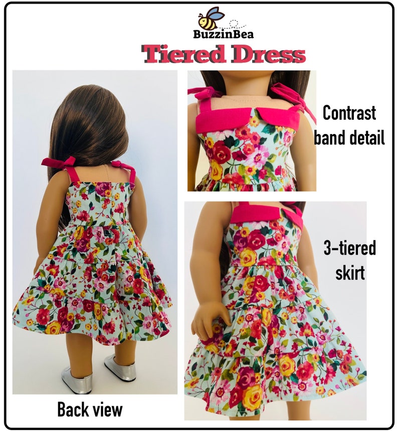 May include: A doll wearing a tiered dress with a floral print and a contrasting pink band detail. The dress has a 3-tiered skirt and a back view of the doll is also shown. The dress is called "Tiered Dress" and the brand is "BuzzinBea".