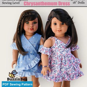 Modello per vestiti per bambole da 18" con abito in crisantemo, progettato per adattarsi a bambole come American Girl®
