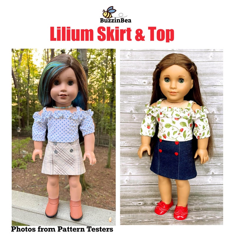 Op de afbeelding: Twee poppen die verschillende outfits dragen. De pop links draagt een blauw-wit geblokt topje met een geruite rok en bruine laarzen. De pop rechts draagt een wit topje met een bloemenprint en een blauwe denim rok met rode knopen en rode schoenen. De tekst "Lilium Skirt & Top" staat bovenaan de afbeelding.