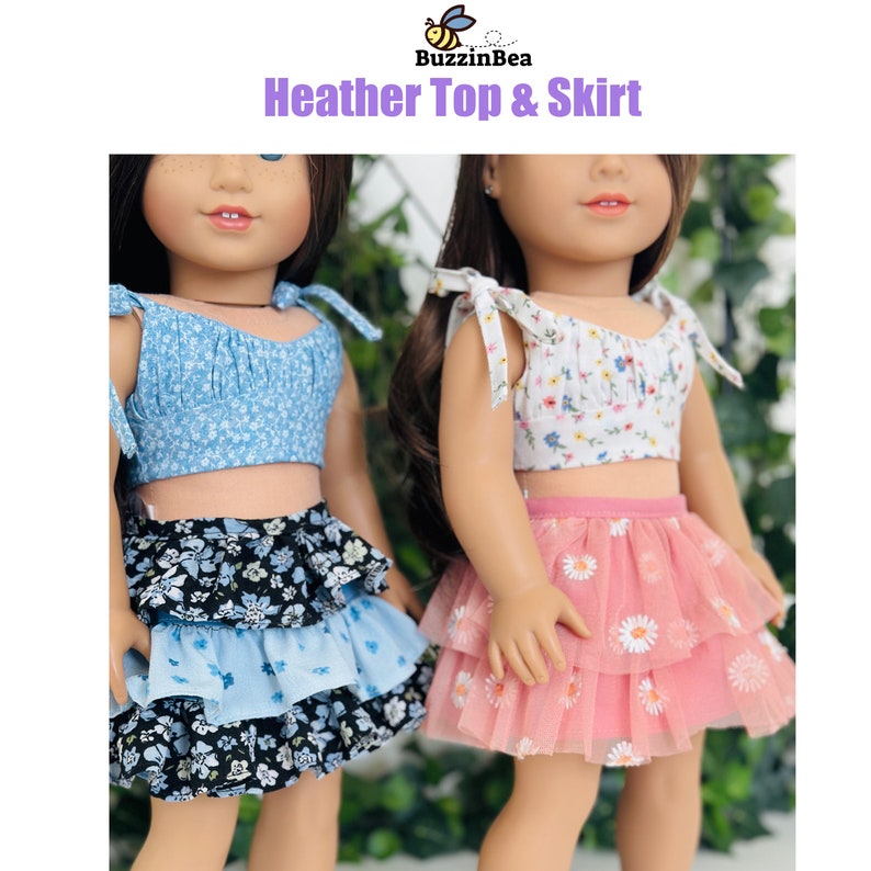 May include: Two dolls wearing matching outfits. The doll on the left is wearing a blue and white floral print top and a layered skirt with black, blue, and white floral prints. The doll on the right is wearing a white and floral print top and a pink tulle skirt with white daisy prints. The text "Heather Top & Skirt" is displayed above the dolls.